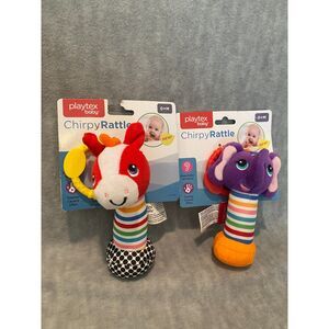 Playtex Baby Chirpy Rattler w/attachment ring Set of 2 Elephant and Horse NEW 0+